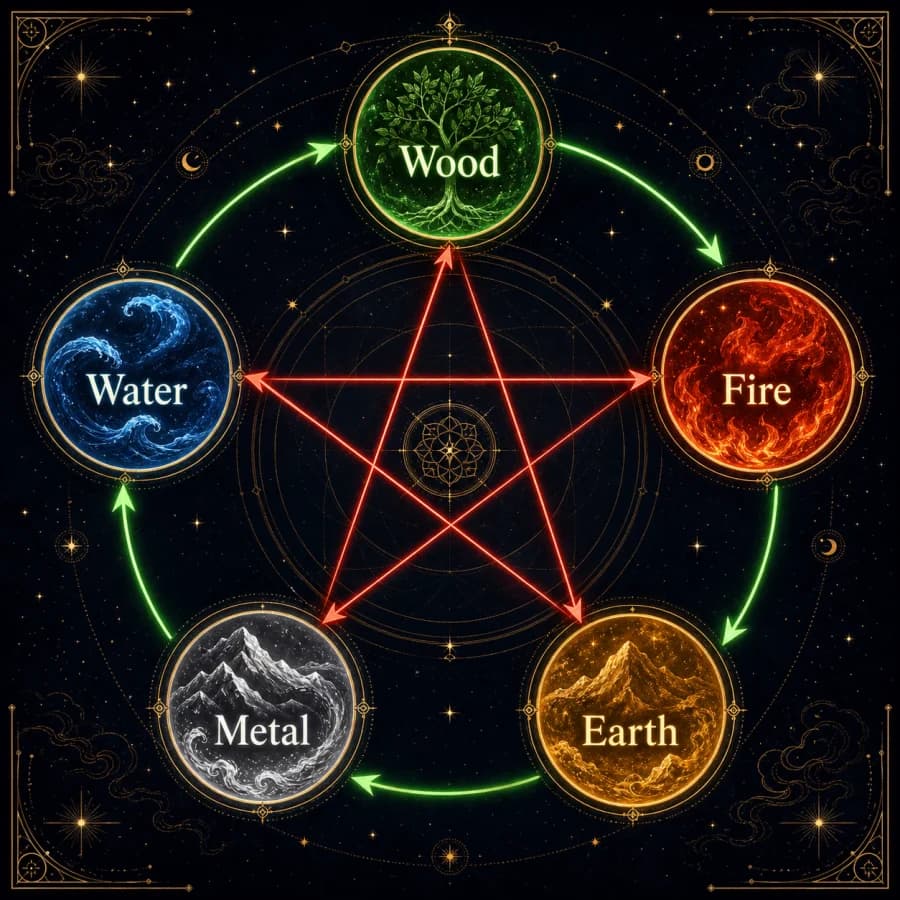 Wu Xing five elements diagram — generating (相生) and controlling (相克) cycles