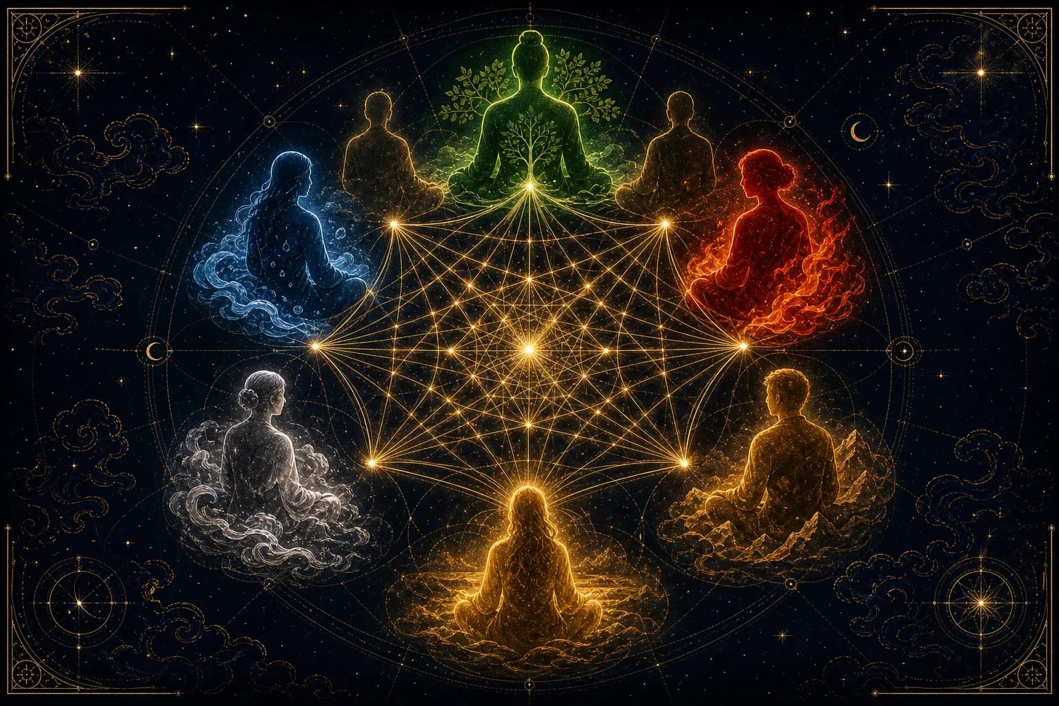 A ring of human silhouettes, each tinted a different element color, connected by gold threads into a web of light